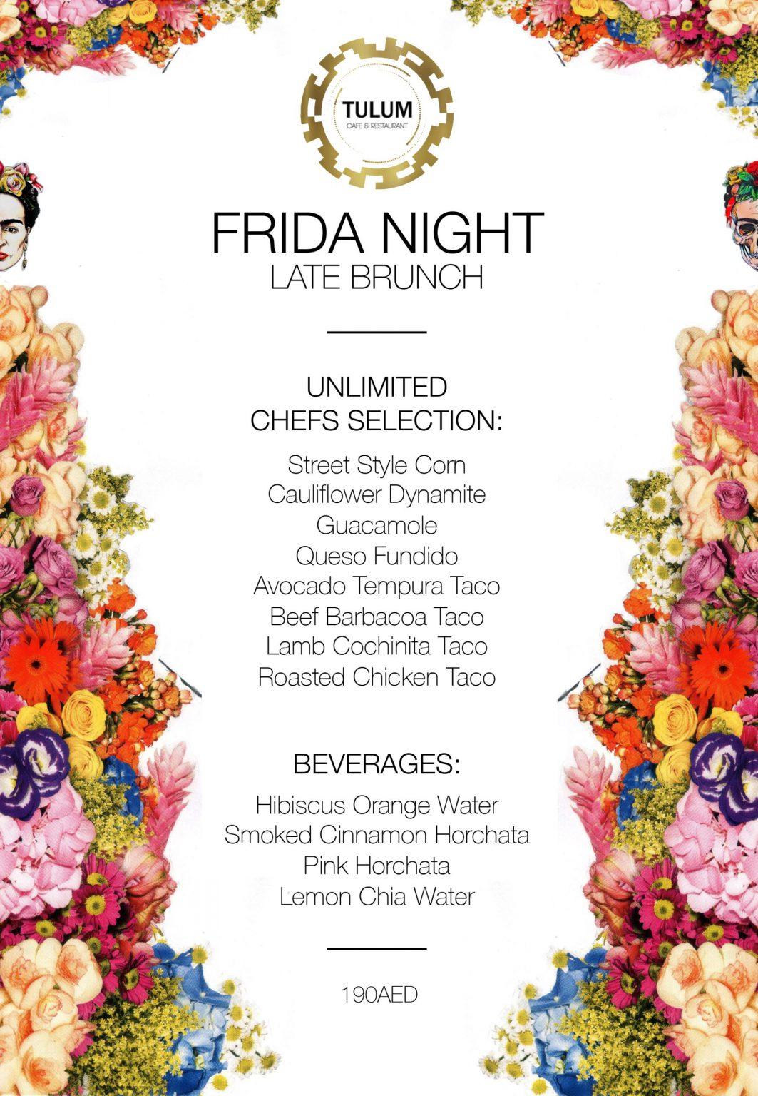 Frida Nights menu card