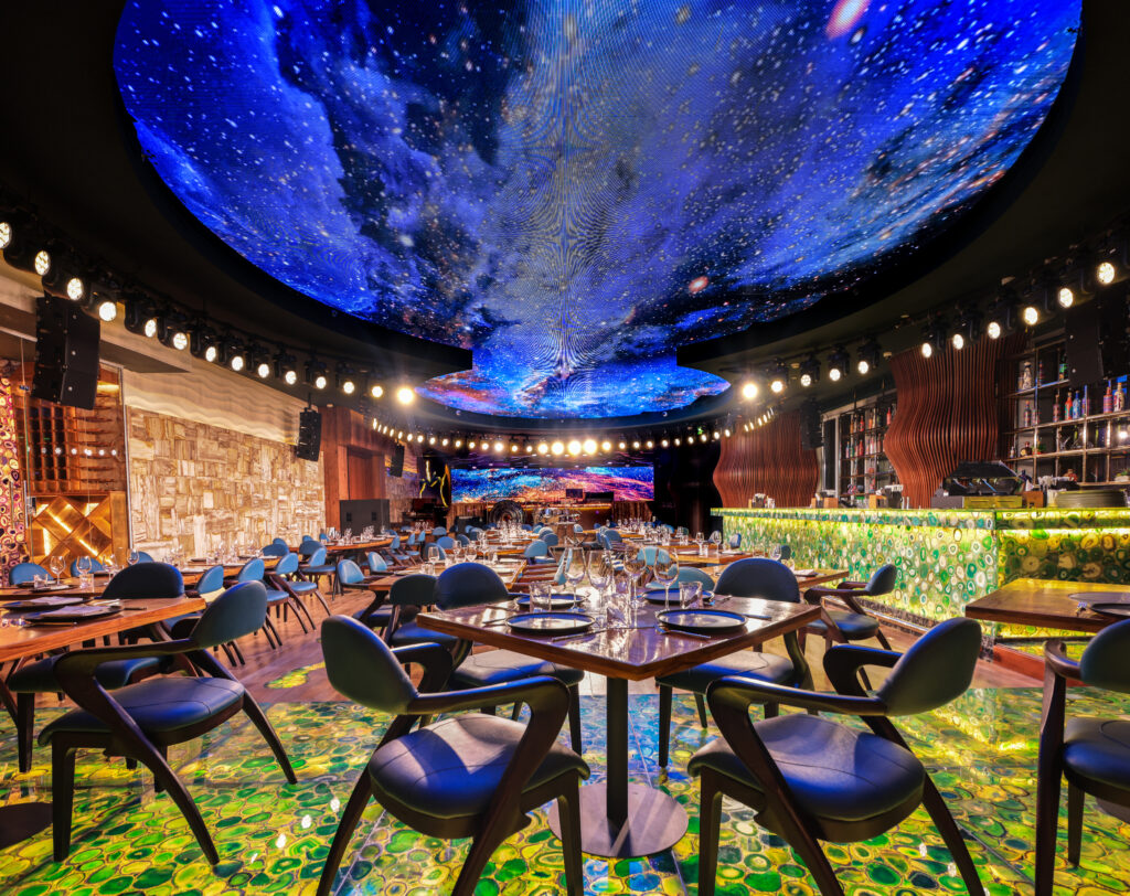 Puerto 99 dining room overlooking Bluewaters Island, Dubai
